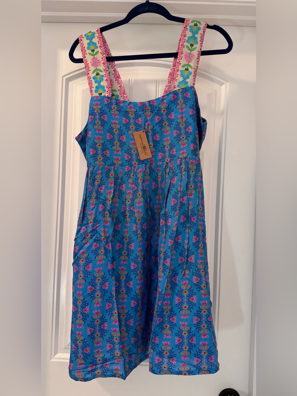 NATURAL LIFE Bright Blue Floral Sundress with Pink Straps